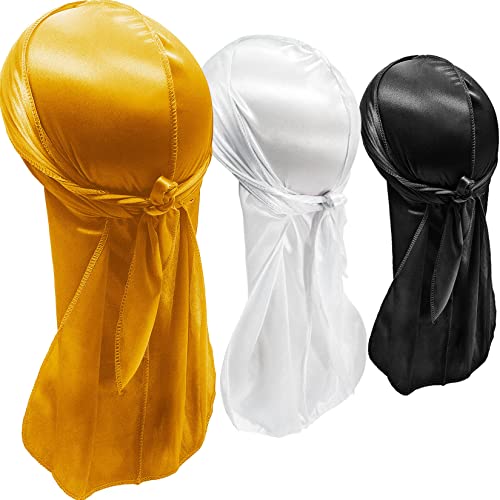 Hairizone 3 Stück Durags Seidige Durag für Herren Damen (Schwarz, Weiß, Gold) von Hairizone