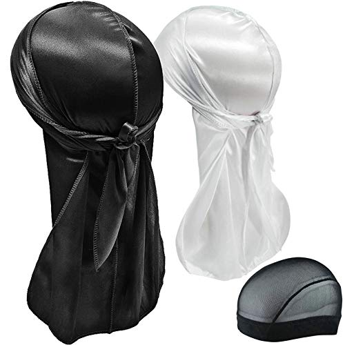 Hairizone Silky Durags 2er-Pack Wellen Stirnbänder für Herren (1 Schwarz + 1 Weiß + 1 x Kapuze) von Hairizone