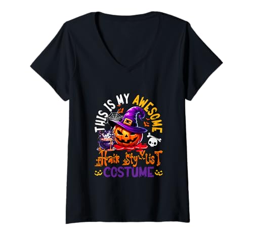 Damen My Awesome Hair Stylist Costume Witch Carved Pumpkin T-Shirt mit V-Ausschnitt Damen My Awesome Hair Stylist Costume Witch Carved Pumpkin T-Shirt mit V-Ausschnitt von Hairstylist Halloween Costume