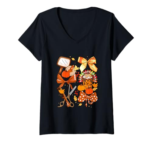 Damen Thanksgiving-Kollektion Haarstylisten-Werkzeuge Fliege Kürbisse T-Shirt mit V-Ausschnitt Damen Thanksgiving-Kollektion Haarstylisten-Werkzeuge Fliege Kürbisse T-Shirt mit V-Ausschnitt von Hairstylist Holiday List Costume