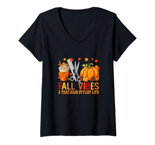 Damen Fall Funny Vibes Costume Hair Stylist Job Team Thanksgiving T-Shirt mit V-Ausschnitt Damen Fall Funny Vibes Costume Hair Stylist Job Team Thanksgiving T-Shirt mit V-Ausschnitt von Hairstylist Thanksgiving Costume