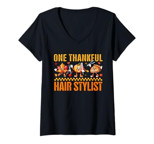 Damen One Thankful Hair Stylist Thanksgiving Herbst Kürbiskuchen T-Shirt mit V-Ausschnitt Damen One Thankful Hair Stylist Thanksgiving Herbst Kürbiskuchen T-Shirt mit V-Ausschnitt von Hairstylist Thanksgiving Costume