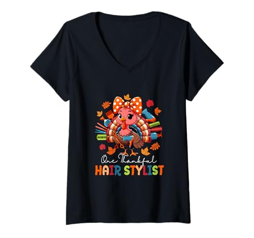 Damen One Thankful Hair Stylist Thanksgiving Truthahn Fliege Damen T-Shirt mit V-Ausschnitt Damen One Thankful Hair Stylist Thanksgiving Truthahn Fliege Damen T-Shirt mit V-Ausschnitt von Hairstylist Thanksgiving Costume