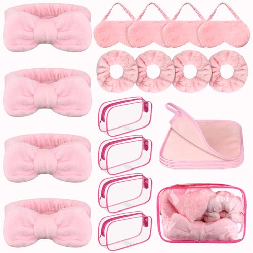 20 x Spa-Zubehör für Mädchen, 4 x Schleifen-Stirnbänder, 4 x rosa Plüsch-Schlafmasken, 4 x Samt-Haargummis, 4 x Make-up-Entferner-Tücher, 4 x transparente Make-up-Taschen von Haishell