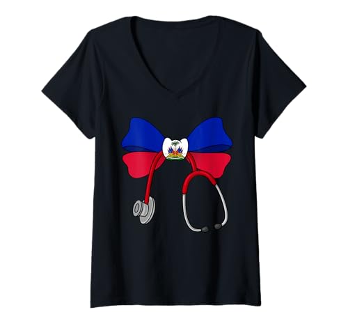 Damen Haitianische Kokette Krankenschwester Stethoskop Bogen Haiti Haitianische Krankenschwester T-Shirt mit V-Ausschnitt Damen Haitianische Kokette Krankenschwester Stethoskop Bogen Haiti Haitianische Krankenschwester T-Shirt mit V-Ausschnitt von Haitian Nurse Appreciation Coquette Bow