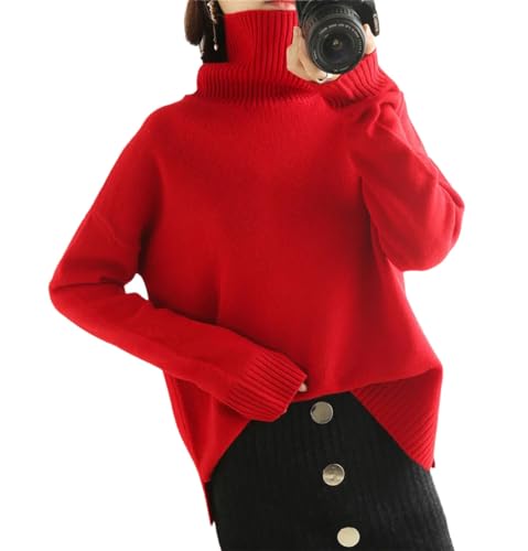 Damen 100% Wolle Kaschmir Pullover Hoher Kragen Verdickt Lose Solide Langarm Einfache Pullover, rot, M von Haitpant