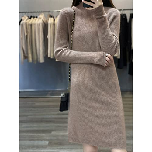 Damen Midikleid 100% Kaschmir Strickpullover Winter Solid Strickwaren Rollkragen Langarm Kleid, Schwarz , M von Haitpant