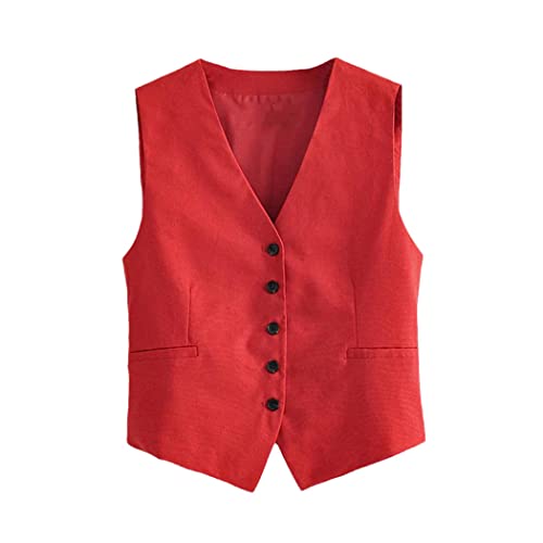 Elegante Streetwear Ärmellose kurze Anzugweste Damen Vintage Slim V-Ausschnitt Einreihige Blazer Weste, rot, 38 von Haitpant