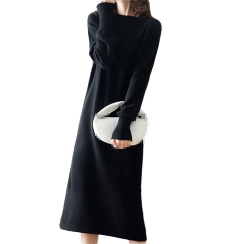 Frauen 100% Kaschmir Strickkleider Winter Oneck Elegante Kleid Lose Pullover Solide Langarm Kleid, Schwarz , X-Large von Haitpant