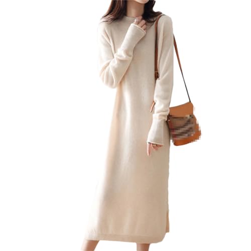 Frauen 100% Kaschmir Strickkleider Winter Oneck Elegante Kleid Lose Pullover Solide Langarm Kleid, beige, Small von Haitpant