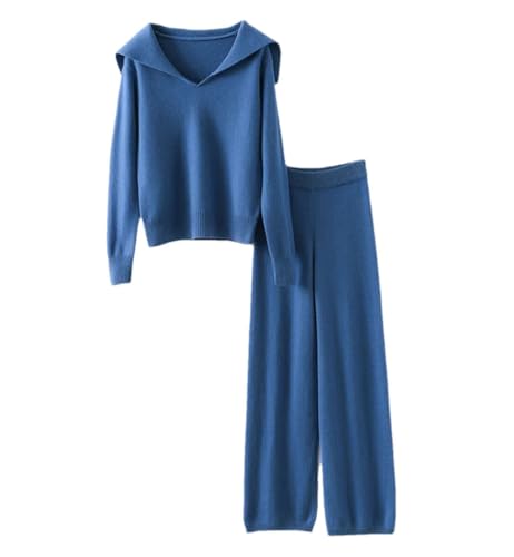 Haitpant 100% Wolle Kaschmir Zweiteiliger Damen Großer Revers Pullover Pullover Pullover Herbst Winter Weites Bein Hosenanzug, blau, 38 von Haitpant