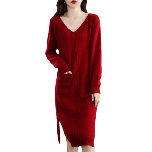 Haitpant Damen 100% Kaschmir Pulloverkleid Lang Strickkleid V-Ausschnitt Pullover Frühling Wollkleid, rot, Medium von Haitpant