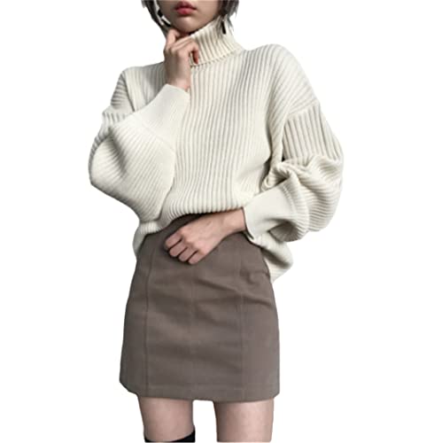 Haitpant Damen Rollkragenpullover Blau Kaffee Winter Koreanisch Dicker Warm Langarm Lose Pullover, cremeweiß, One size von Haitpant