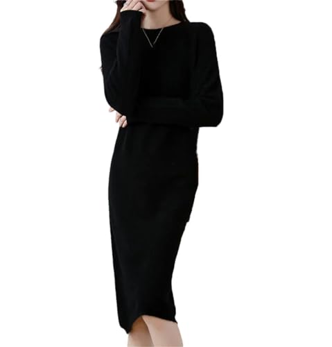 Haitpant Winter Kaschmir Pullover Strickkleider Damen 100% Merinowolle Pullover Kleid Herbst Casual Lange Röcke, Schwarz , Medium von Haitpant
