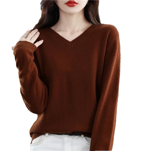Herbst Winter 100% Merinowolle Pullover Damen Stricken Kaschmir Pullover Basic V-Ausschnitt Chic Warm Tops, Farbe: Schokobraun, XL von Haitpant