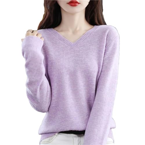 Herbst Winter 100% Merinowolle Pullover Damen Stricken Kaschmir Pullover Basic V-Ausschnitt Chic Warm Tops, Jacquard-Violett, M von Haitpant