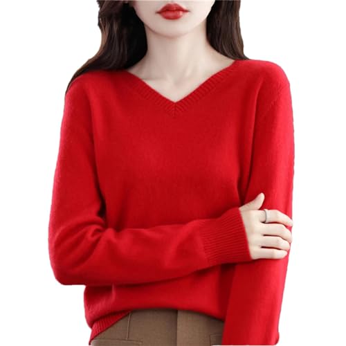 Herbst Winter 100% Merinowolle Pullover Damen Stricken Kaschmir Pullover Basic V-Ausschnitt Chic Warm Tops, rot, XL von Haitpant
