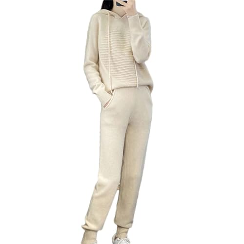 Herbst Winter Damen Anzug 100% Merinowolle Kapuzenpullover Casual Sweatpants Kleine Bein Hosen Gestrickt 2-teiliges Set, beige, 42 von Haitpant