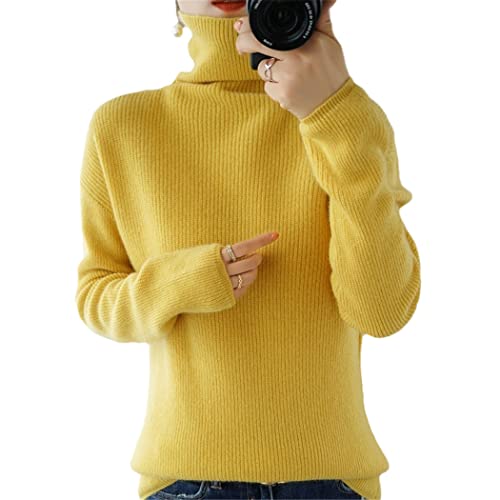 Herbst Winter Damen High Neck Dicker Solid Cashmere Sweater Strickwolle Bottoming Pullover, gelb, L von Haitpant