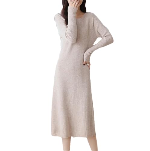 Herbst Winter Frauen Hohe Elastizität Slim Kleid 100% Merino Wolle Pullover Kleid Basic Strickpullover Casual Kleider, Helles Khaki9, Small von Haitpant