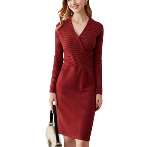 Herbst Winter Kleider Lange Pullover 100% Kaschmir Strickpullover Dame V-Ausschnitt Kleid, claret, Small von Haitpant