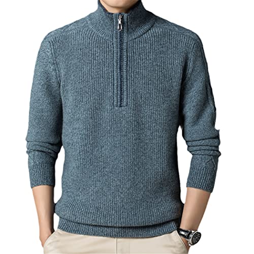Herren-Pullover mit halbem Rollkragen, Reißverschluss, 100 % Wolle, Strickoberteil, Blau und Grau, M von Haitpant