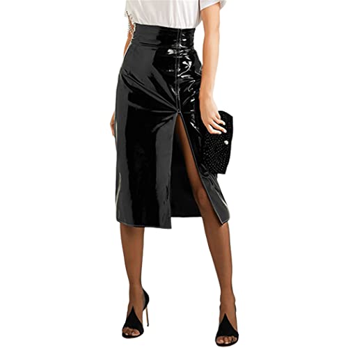 Sexy schwarzer Split Schlitz Lackleder Midirock Damen hohe Taille Knielang PVC Rock Elegant Büro Latex Rock, Schwarz , 40 von Haitpant