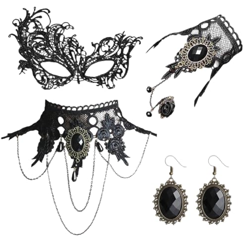 Gothic Vintage Set 4 PCS, Gotisch Choker Halskette Armbänder Ohrringe Schmuck, Steampunk Damen Accessoires, Hexe Piraten Fasching Halloween Gothic Kostüm Damen Schminke Zubehör von Haiyore