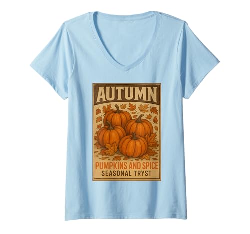 Damen Herbst Kürbis und Gewürz Retro Art Stil Herbst T-Shirt mit V-Ausschnitt von Hakinama POD