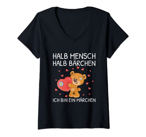 Damen Halb Mensch Halb Bärchen Ein Märchen Teddybär Herz Spruch T-Shirt mit V-Ausschnitt Damen Halb Mensch Halb Bärchen Ein Märchen Teddybär Herz Spruch T-Shirt mit V-Ausschnitt von Halb Mensch Halb Bärchen Spruch Kleidung