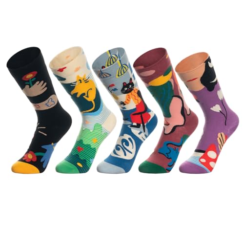 Halbur Bunte Lustige socken, 5 Parr Baumwolle Kuschelsocken Wadenstrümpfe Socken damen 35-42 mit Katze Hund Punkt Blume Wellen Motiv Ölgemälde-Design von Halbur