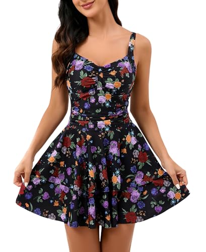 Halcurt Badeanzug Damen Bauchweg mit Cups Einteiliger Schwimmkleid Ruched Schwimmrock Badekleid L von Halcurt