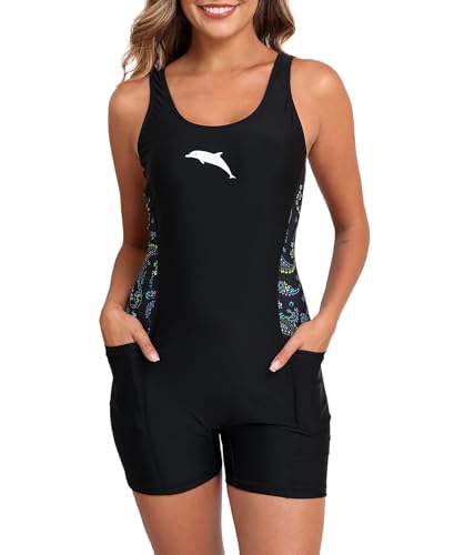 Halcurt Badeanzug Damen mit Cups und Taschen Einteiliger Sport Badeanzüge U Ausschnitt Bademode Strandmode Swimsuit M von Halcurt