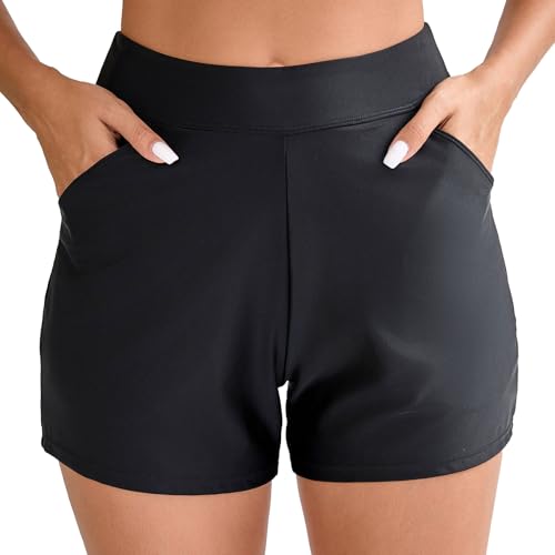 Halcurt Badeshorts Damen mit Taschen Badehose Schnell Trocknende Boardshorts Bauchkontrolle Schwimmshorts Strand Bikini Shorts M von Halcurt