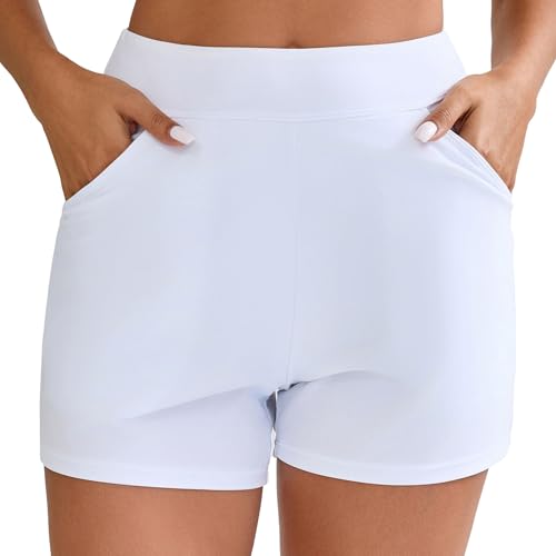 Halcurt Badeshorts Damen mit Taschen Badehose Schnell Trocknende Boardshorts Bauchkontrolle Schwimmshorts Strand Surf Bikini Shorts M von Halcurt