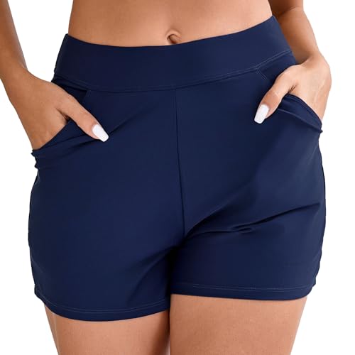 Halcurt Badeshorts Damen mit Taschen Badehose Schnell Trocknende Boardshorts Bauchkontrolle Strand Schwimmshorts Surf Bikini Shorts S von Halcurt
