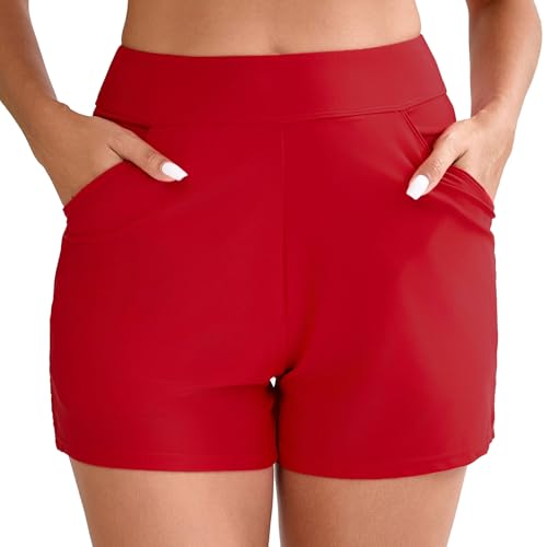 Halcurt Badeshorts Damen mit Taschen Badehose Schnell Trocknende Boardshorts Bauchkontrolle Surf Schwimmshorts Strand Bikini Shorts S von Halcurt