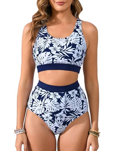 Halcurt Bikini Damen Set High Waist Bauchkontrolle Bikinihose Strandbikini Bademode U Ausschnitt Zweiteiliger Badeanzug S von Halcurt