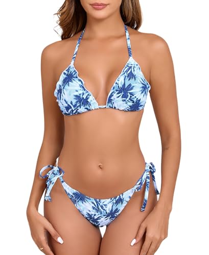 Halcurt Bikini Damen Triangel Set Neckholder Bikini Oberteil Verstellbare Bikinihose Seitlicher Schnürung Zweiteiliger Badeanzug L von Halcurt