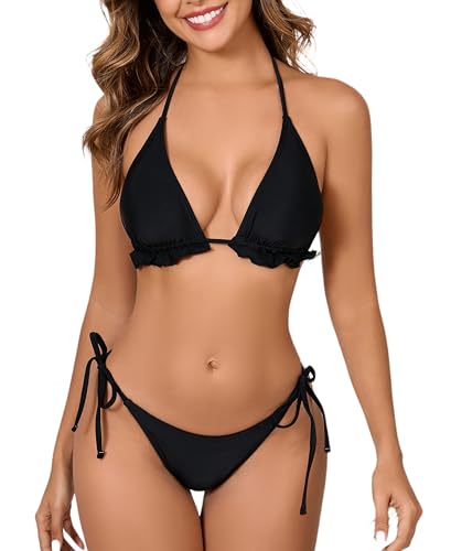 Halcurt Bikini Triangel Damen Set Neckholder Bikinioberteil Verstellbare Bikinihose Bademode Seitlicher Schnürung Zweiteiliger Badeanzug L von Halcurt