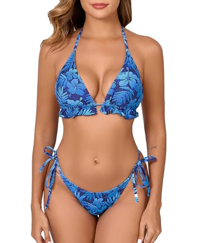 Halcurt Bikini Triangel Damen Set Neckholder Bikinioberteil Verstellbare Seitlicher Schnürung Bikinihose Bademode Zweiteiliger Badeanzug M von Halcurt