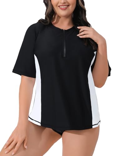 Halcurt Damen-Badeanzug, Übergröße, halber Reißverschluss, kurzärmelig, Rashguard, Oberteil mit BH, LSF 50+, Schwarz und Weiß mit integriertem BH, 2X von Halcurt