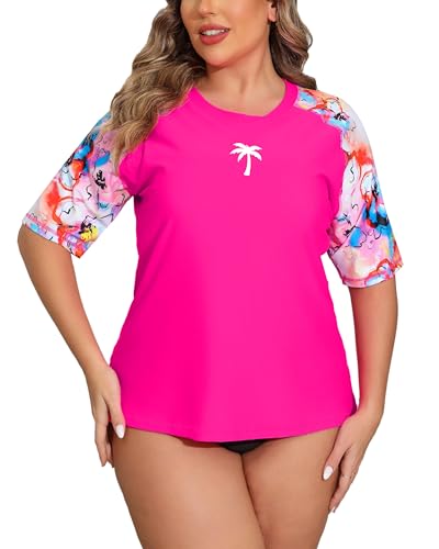 Halcurt Damen-Badeanzug, Übergröße, kurzärmelig, Rashguard, Oberteil mit integriertem BH, Schwimmshirt, LSF 50+, Integrierter BH mit Blumenmuster in Hot Pink, 4x von Halcurt