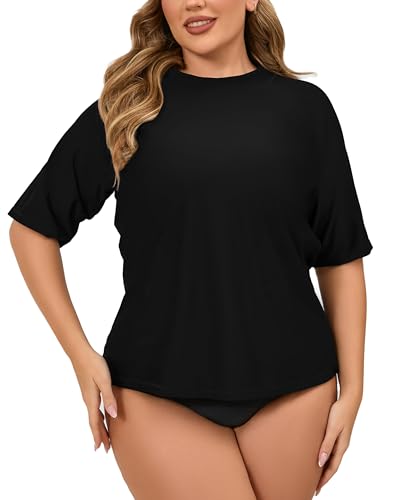 Halcurt Damen-Badeanzug, Übergröße, kurzärmelig, Rashguard, lockere Passform, LSF 50+, Schwarz2, 4x von Halcurt