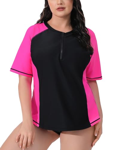 Halcurt Damen Badeanzug mit integriertem BH, Rashguard, Übergröße, UV-Schwimmshirt, halber Reißverschluss, Integrierter BH in Schwarz und Hot Pink, 2X von Halcurt