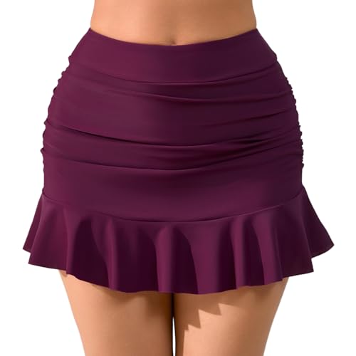 Halcurt Damen-Baderock mit hoher Taille, gerüscht, gerüscht, mit kurzer Bauchkontrolle, Bikinihose, Badeanzug, Burgunder, S von Halcurt
