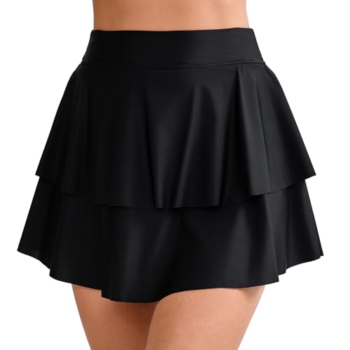Halcurt Damen-Baderock mit hoher Taille, gerüscht, mit Shorts, Bauchkontrolle, Tankini, Badeanzug, Bikinihose, Schwarz, S von Halcurt