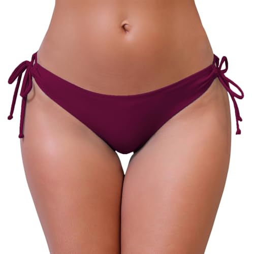 Halcurt Damen-Bikinihose, niedrige Leibhöhe, verstellbare Seitenbindung, volle Abdeckung, Badeanzughose, Burgunder, Large von Halcurt