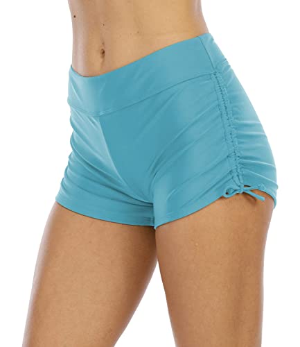 Halcurt Damen Boardshorts Boyleg Tankinihose Ruched Swimming Surf Shorts, Hellblau/Seitenschnur, S von Halcurt