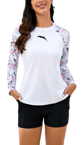 Halcurt Damen Integrierter BH Rashguard Langarm Bademode UPF 50 Zweiteilige Badeshorts und Tops, White Flamingo, Medium von Halcurt